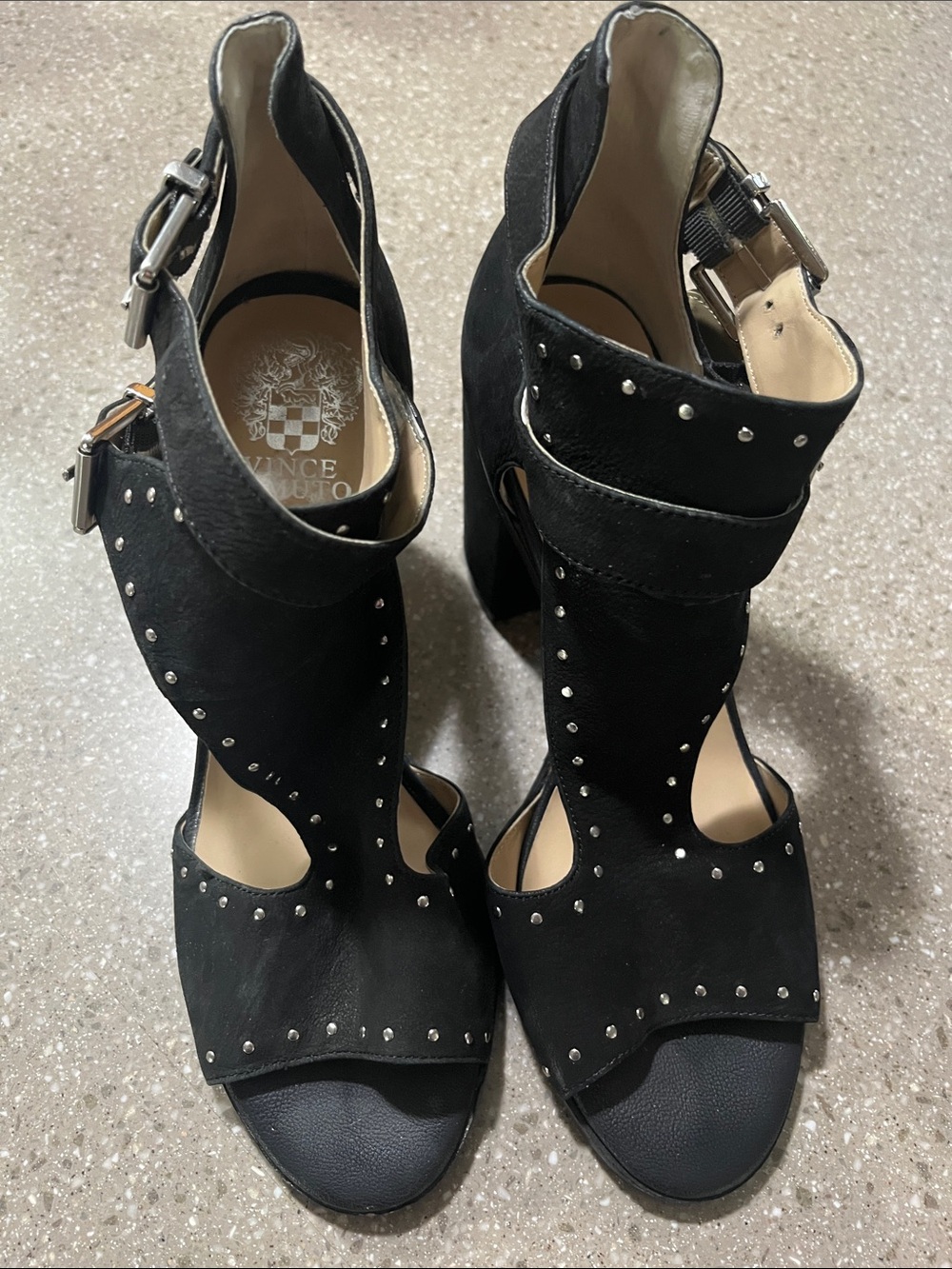 Vince Camuto Black Studded Suede High Heel Sandals with Buckle